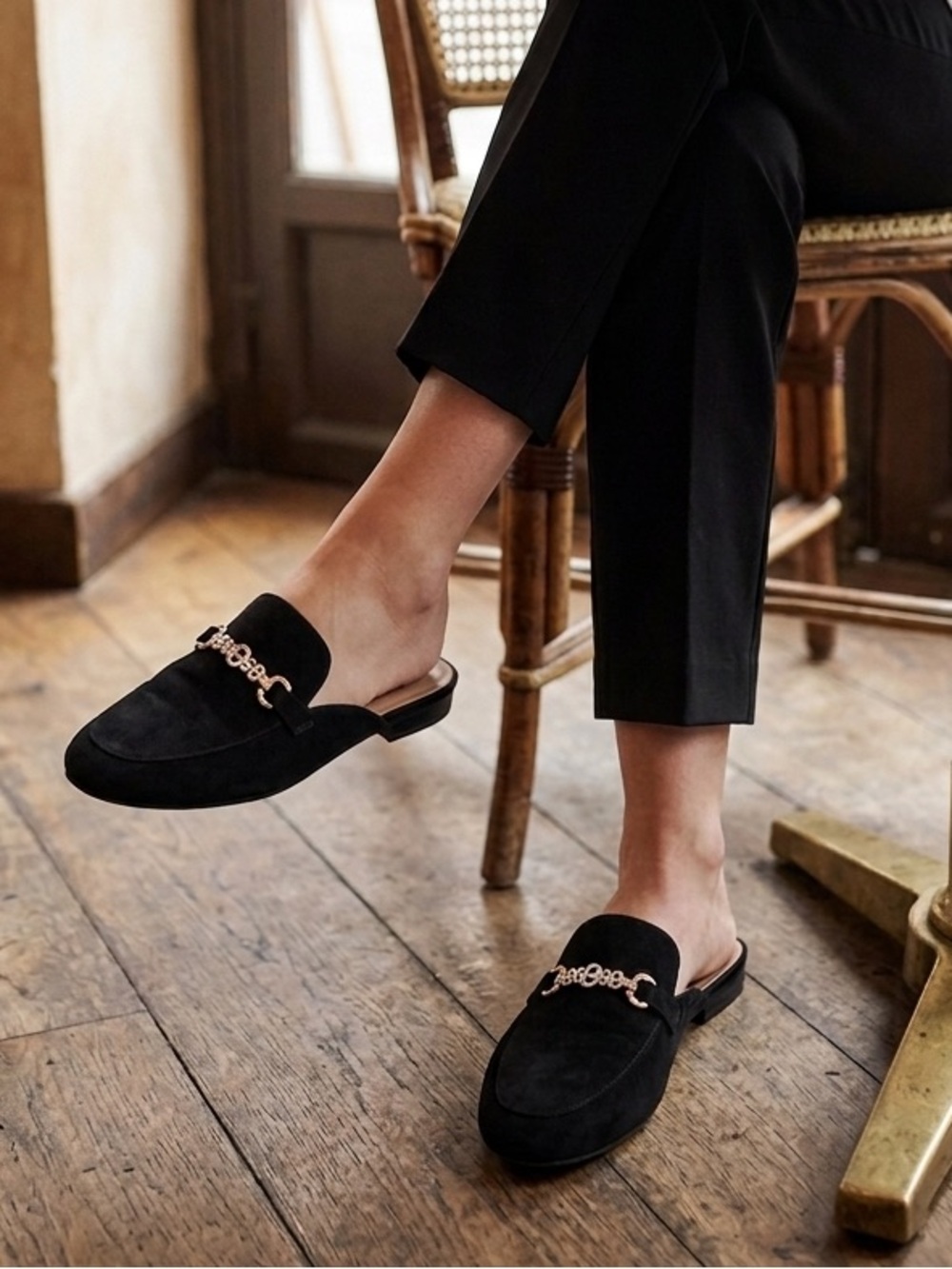 Black Suede Mule Loafers with Gold Chain Detail - Picture 1 of 11